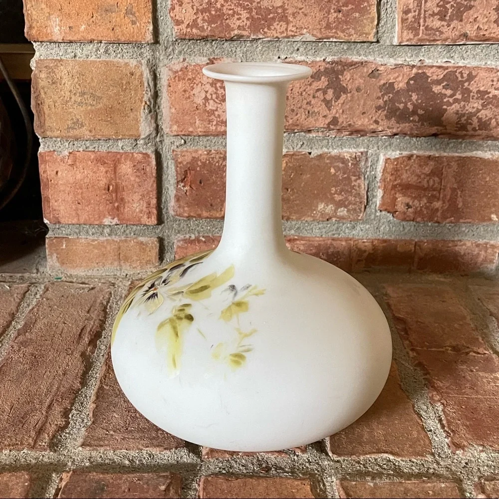 Vintage White Opaque Glass Decanter Boudoir Bottle Hand Painted Flowers